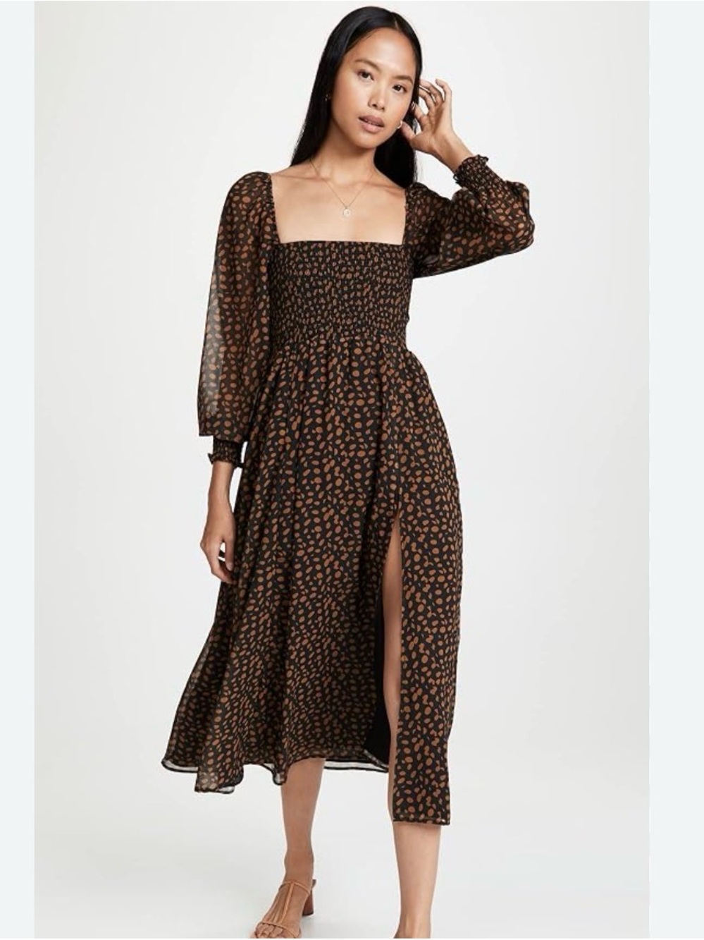 o.p.t. Women’s Smocked Printed Long Sleeve Midi Dress